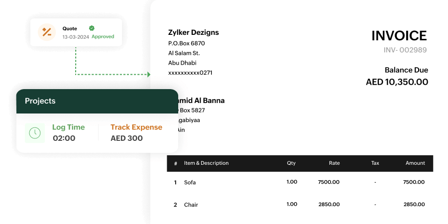 Zoho Billing interface displaying a detailed invoice with QR code for payment, itemized listing of sofa and chair with tax breakdown, and a project summary showing 2 hours of logged time and tracked expense.