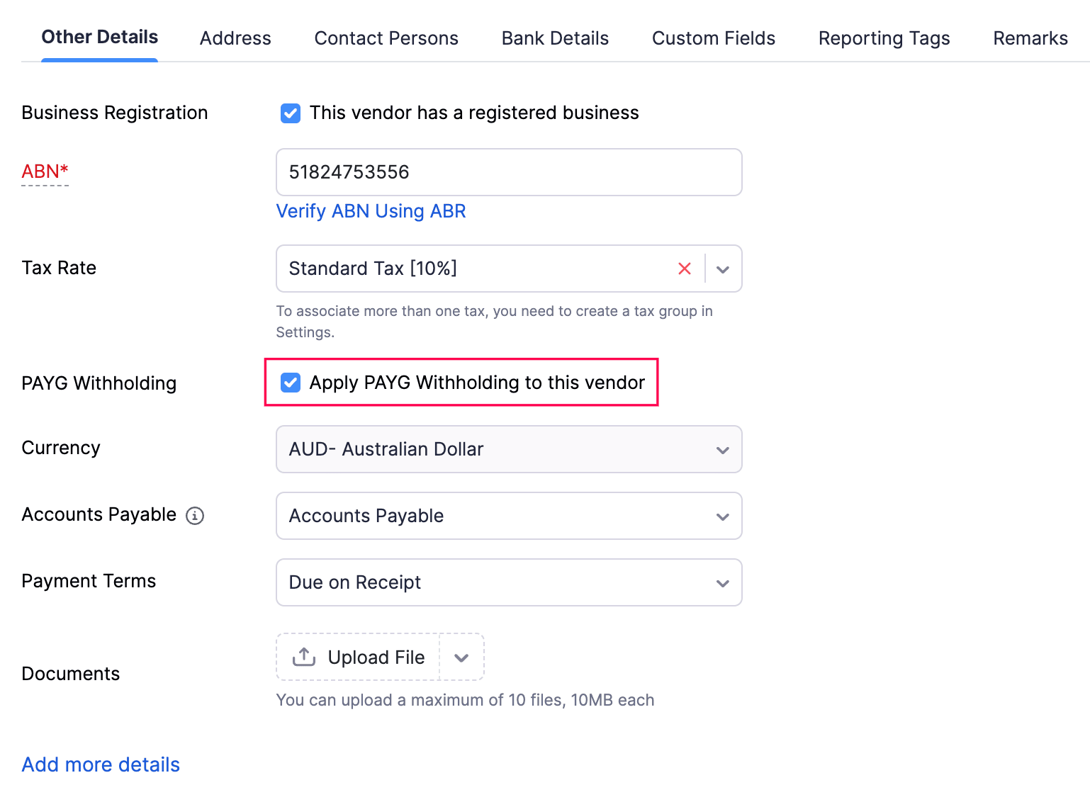 Enable PAYG Withholding for Vendors