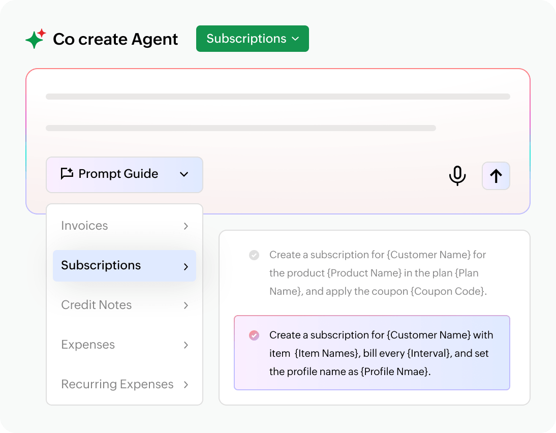 A panel in the Invoices module shows bullets generated by Zia with links to take actions like setup reminders, setup email, and view invoices.