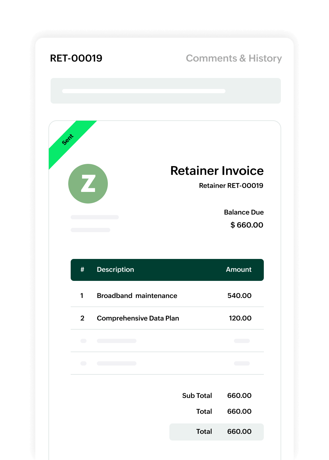 Preview of a retainer invoice | Zoho Billing