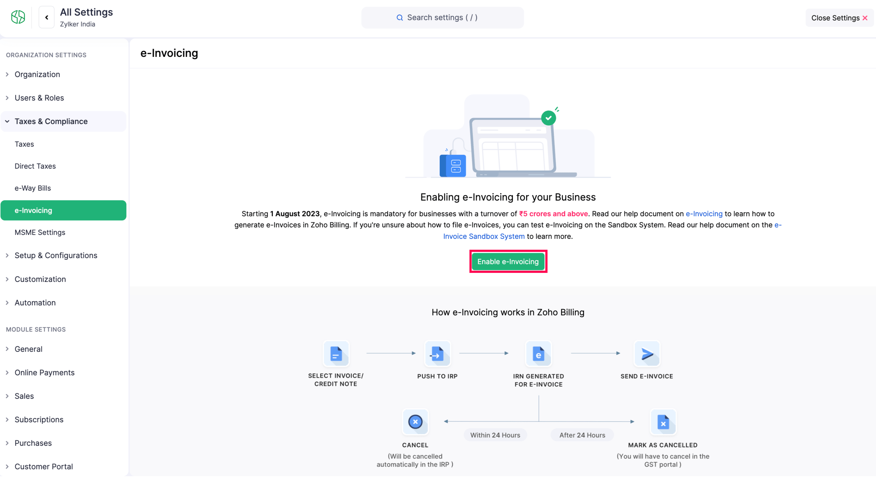 Enable e-Invoicing in Zoho Billing