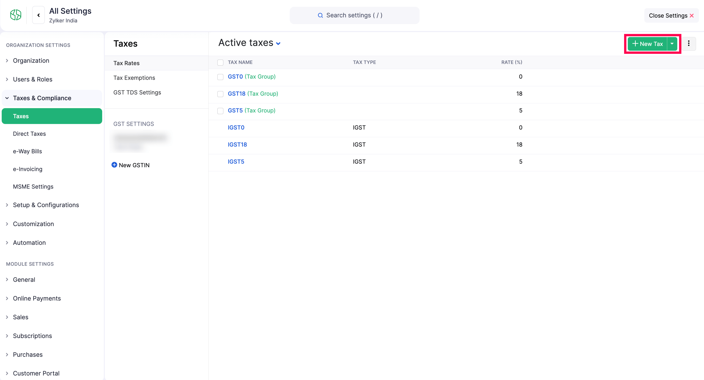 Configure Tax Rates in Zoho Billing