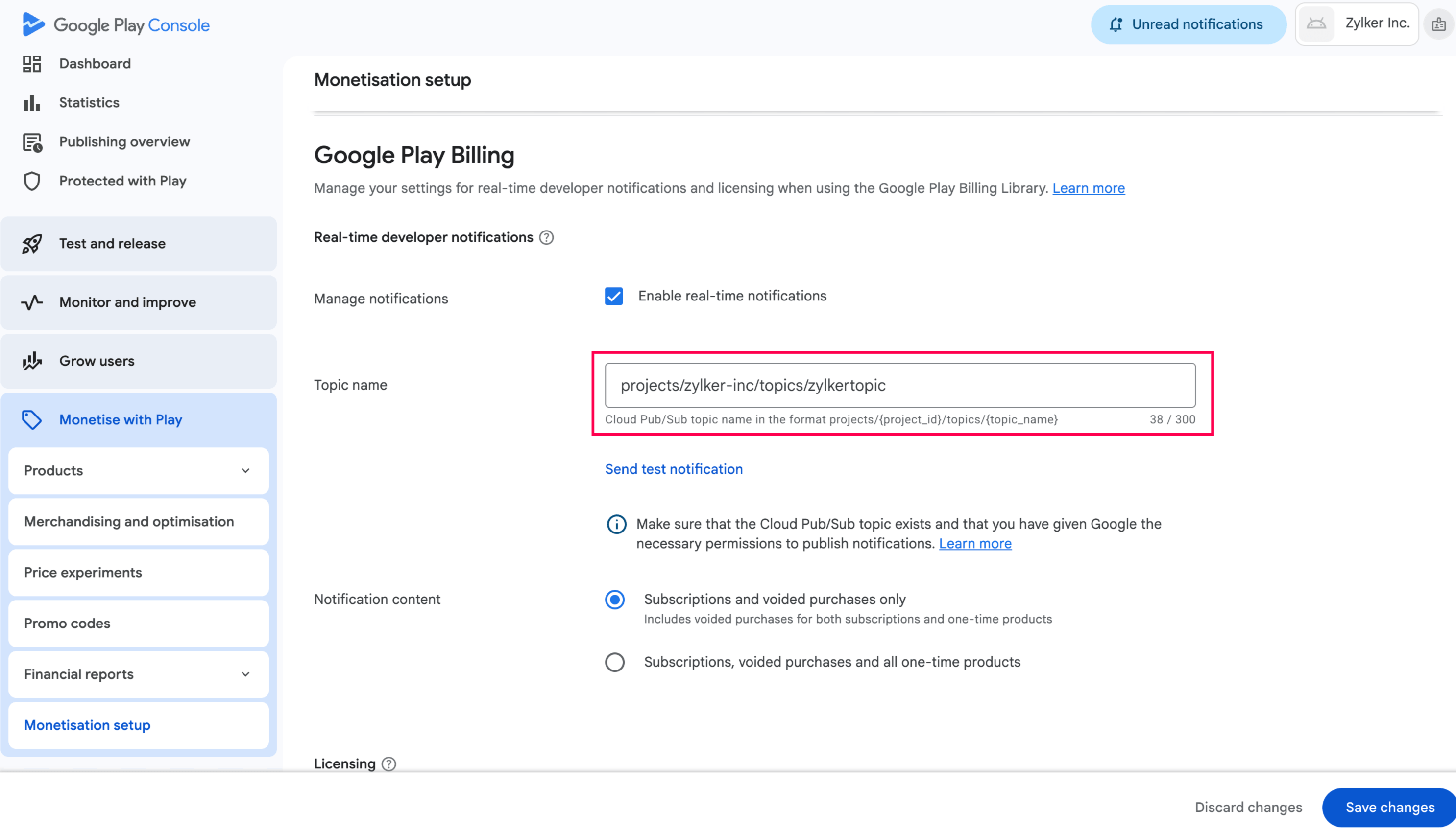 Play Console Monetisation setup with Pub/Sub topic configured