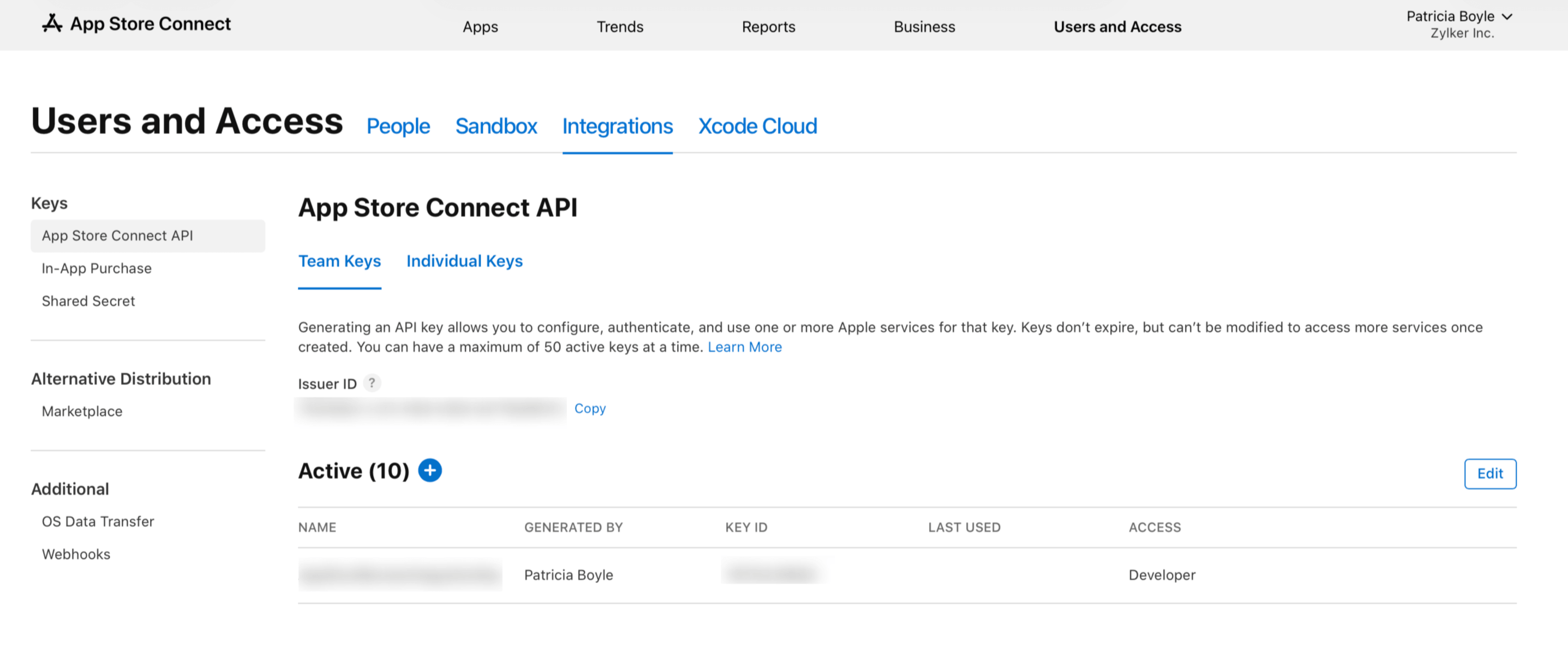 App Store Connect Integrations tab