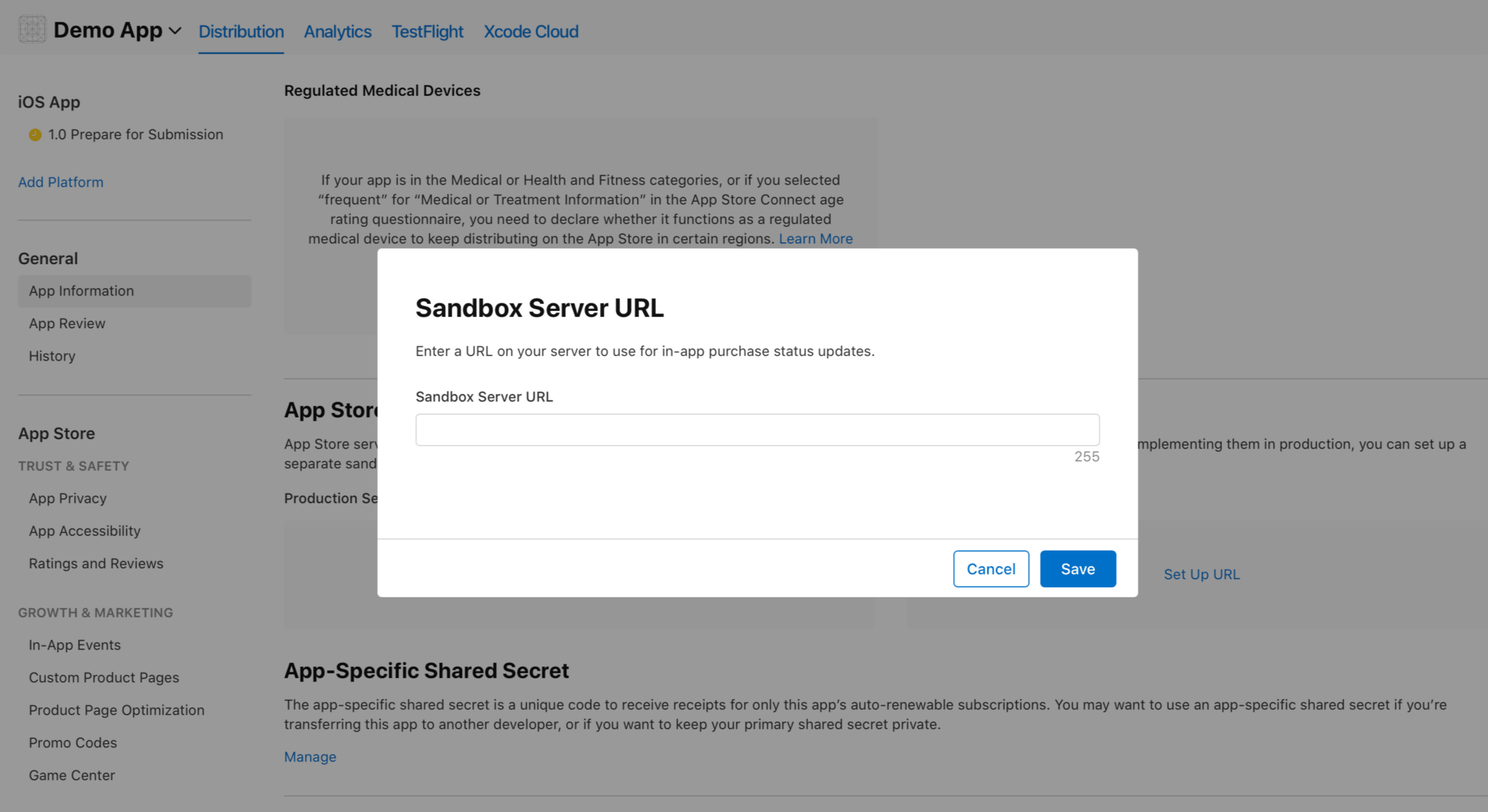 Sandbox Server URL dialog