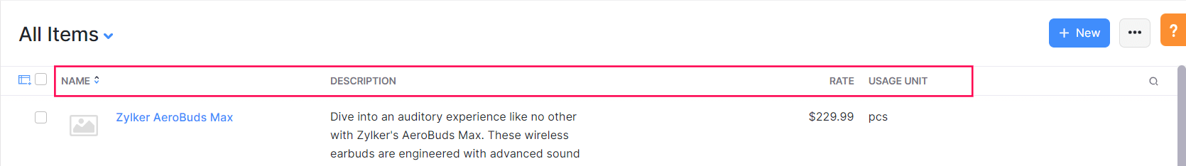 Sort Items Table Header