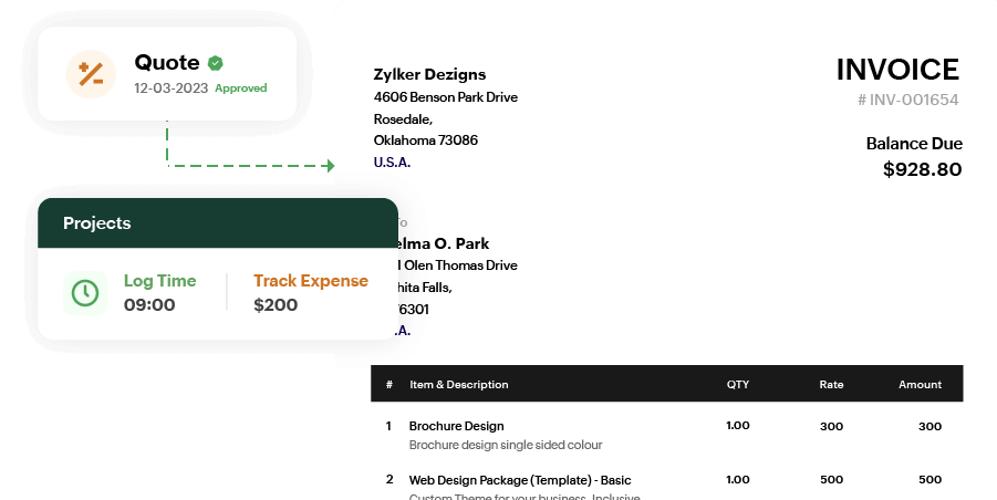 Zoho Billing interface displaying a detailed invoice with QR code for payment, itemized listing of sofa and chair with tax breakdown, and a project summary showing 2 hours of logged time and tracked expense.