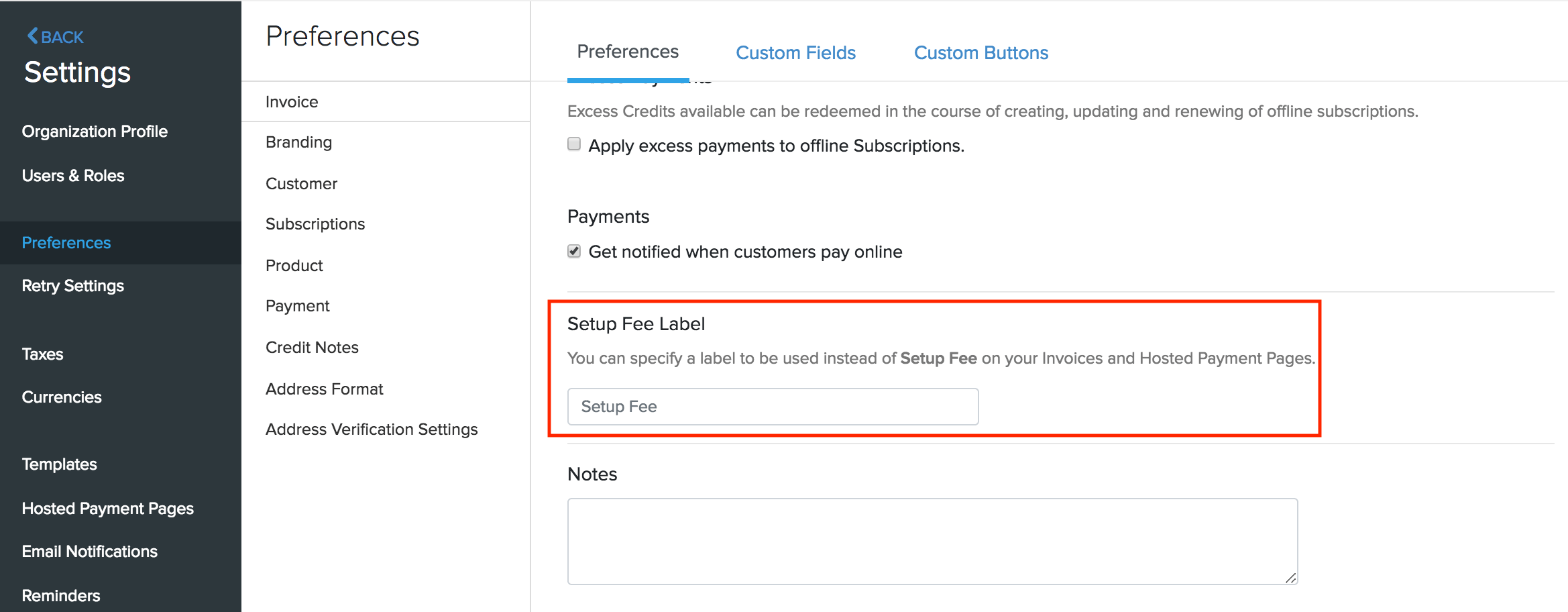 Settings Setup Fee