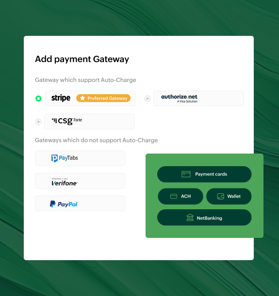 Image depicting the different payment gateways and modes supported in Zoho Billing