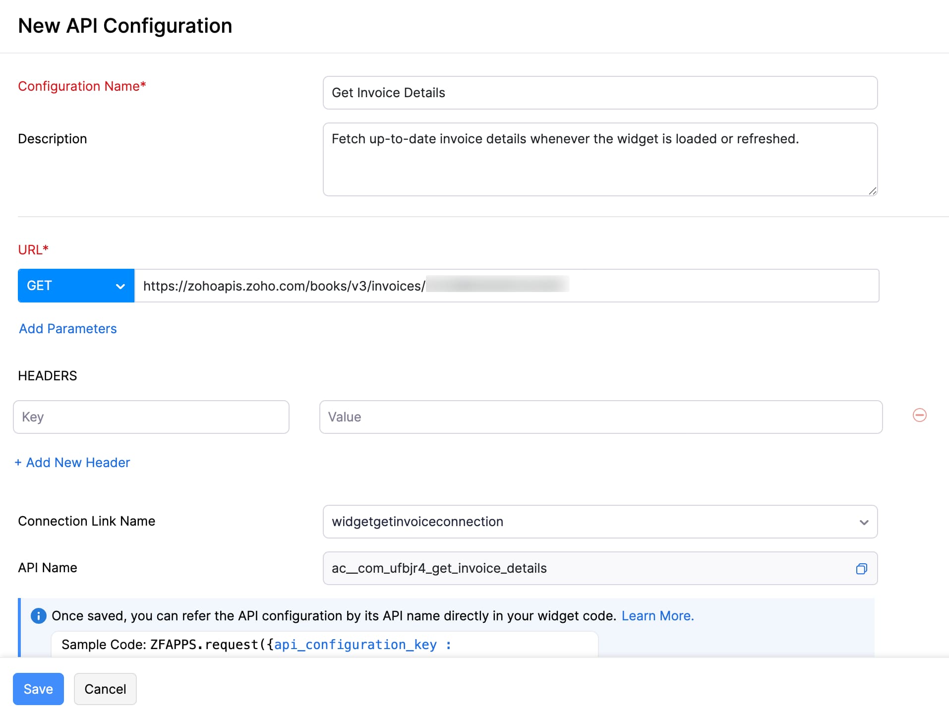The New API Configuration page. To use static URL parameters, specify the URL to be used within the widget and select the appropriate HTTP method.