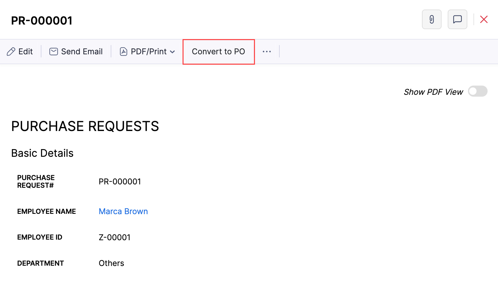 The Convert to button on a custom module record's Details page. Click the button to convert the record.