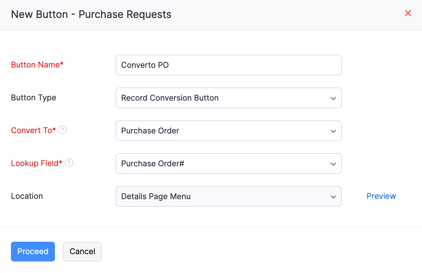The New Button pop-up for a custom module. Select the button type, and the required fields will be updated according to the button type.