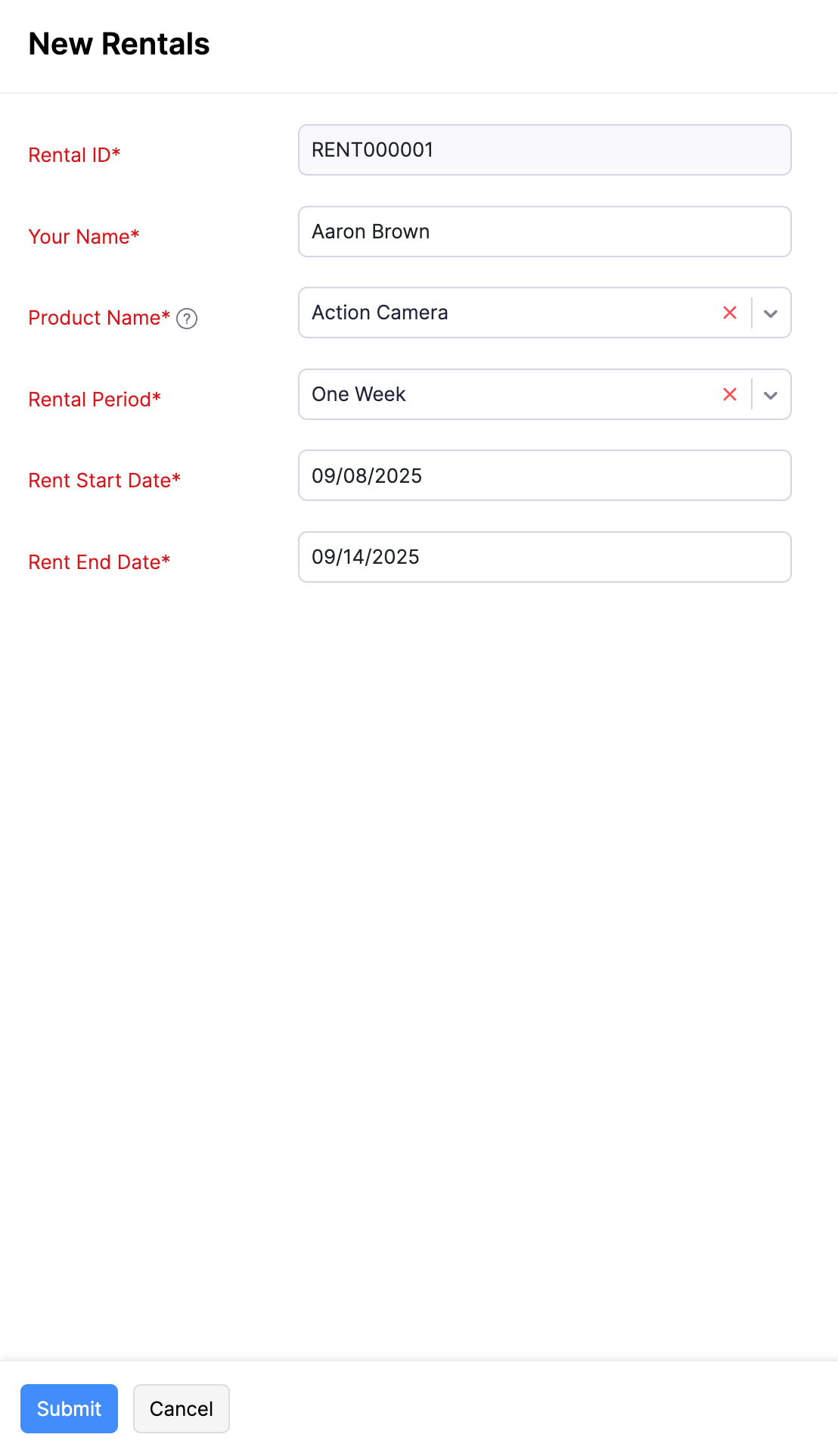 The New Record page of your vendor's custom module. Fill in the required details and submit the record for approval.