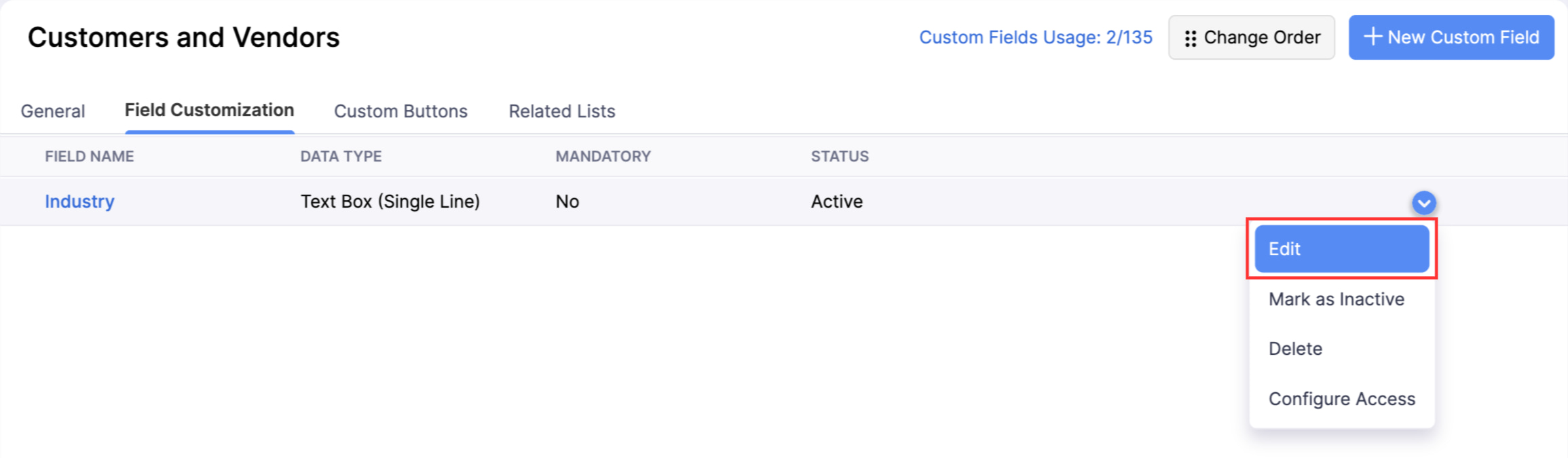 The Custom Fields List page of a module. Hover over the required field, click the dropdown, and select Edit to update it.