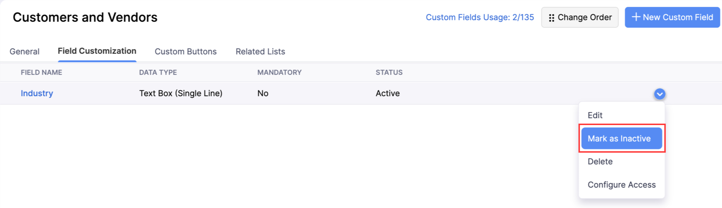 The Custom Fields List page of a module. Hover over the required field, click the dropdown, and select Mark as Inactive to disable it.