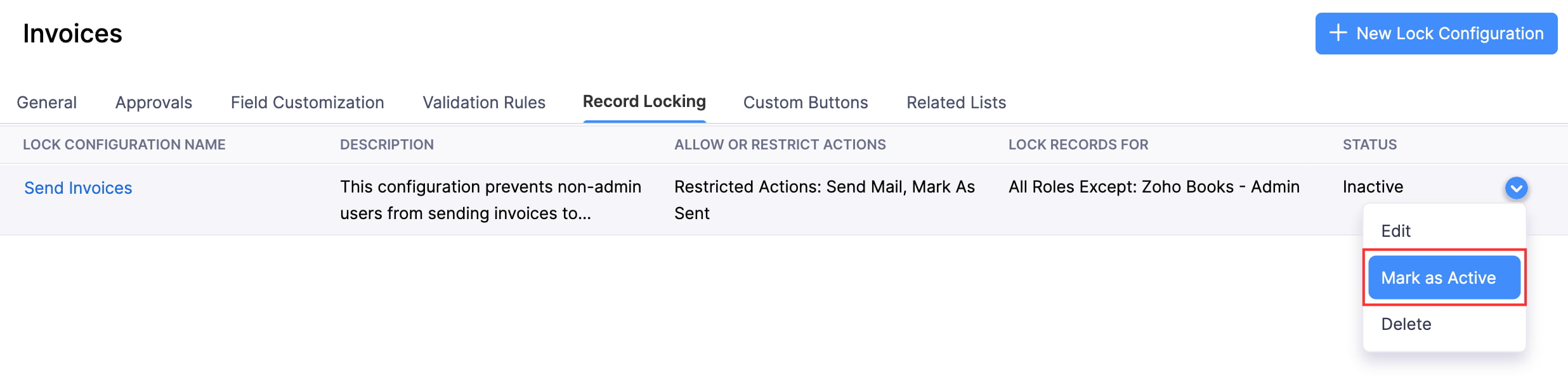 The Record Locking tab of a module's Preferences page. Hover a lock configuration, click the dropdown, and select Mark as Active to re-enable a disabled lock configuration.