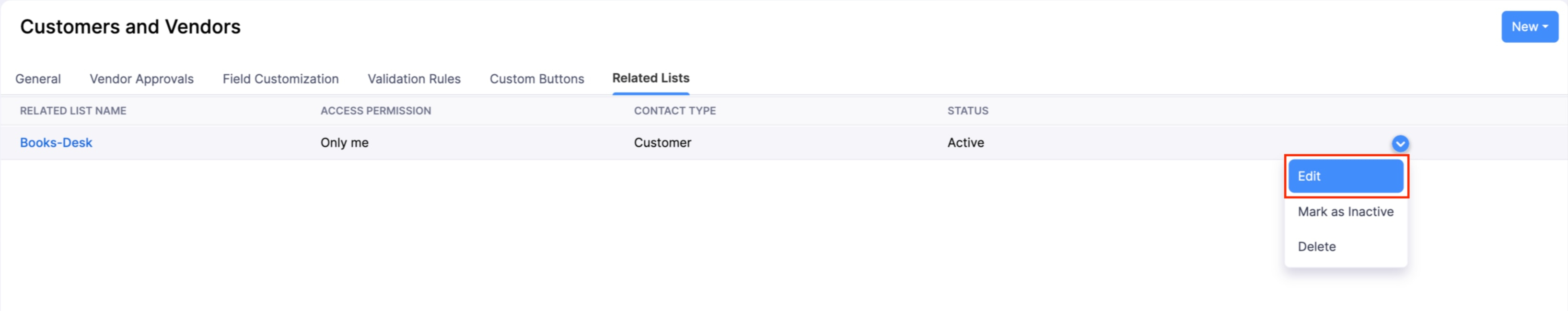The Related Lists page of a module. Hover a related list, click the Dropdown icon, and select Edit to make changes to it.