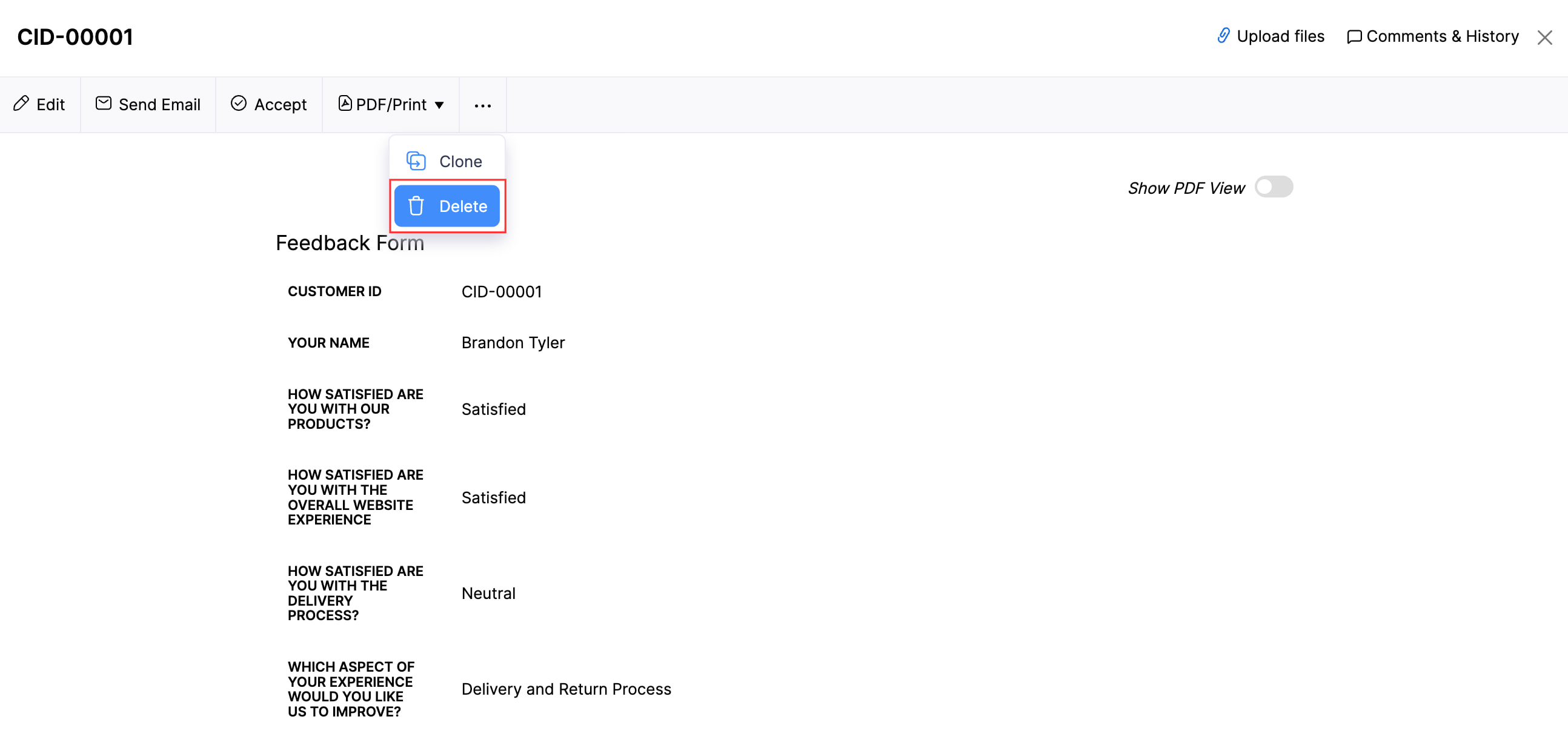 The Detail's page of a submitted form. Click More at the top and select Delete to delete it.