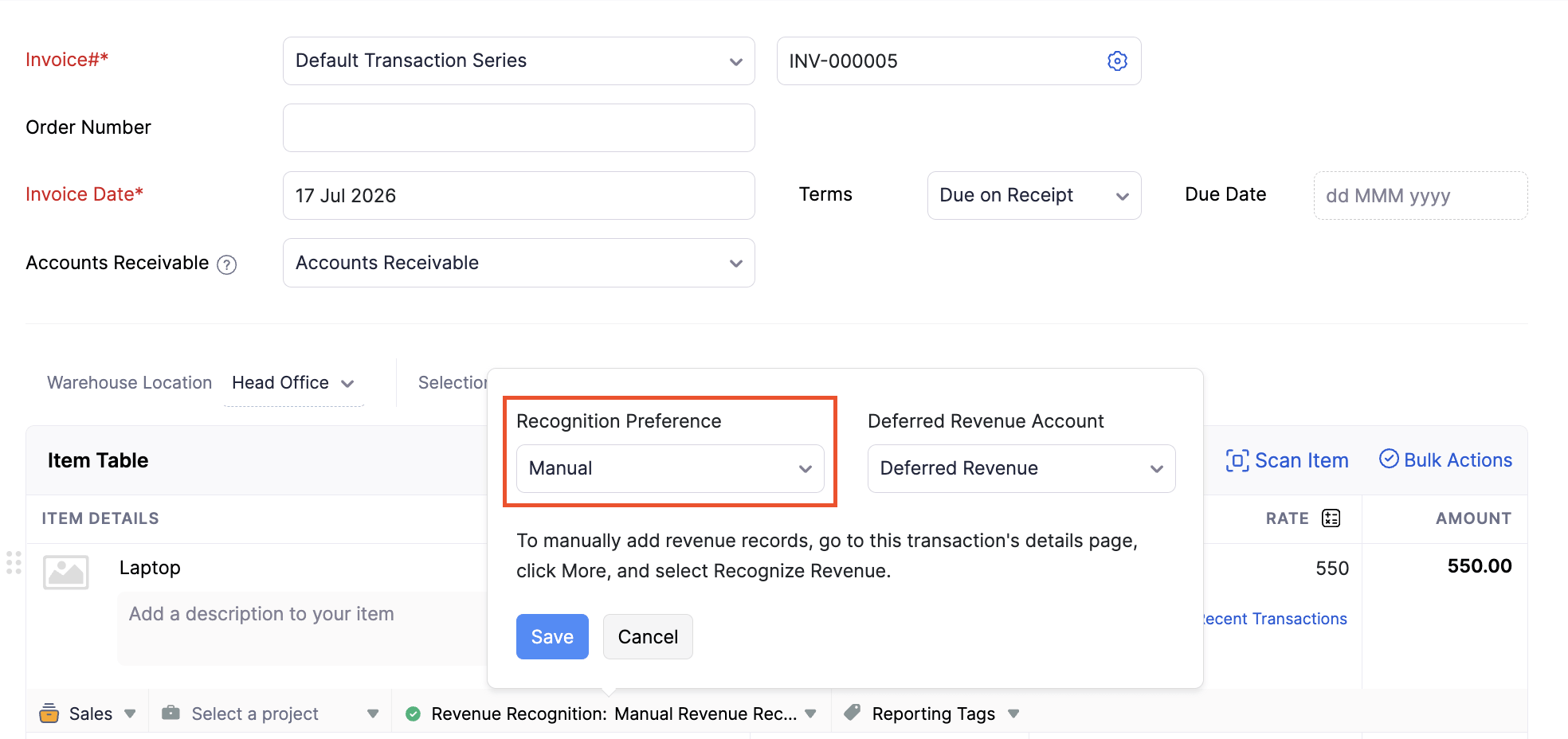 Manual Revenue Recognition to Line Item
