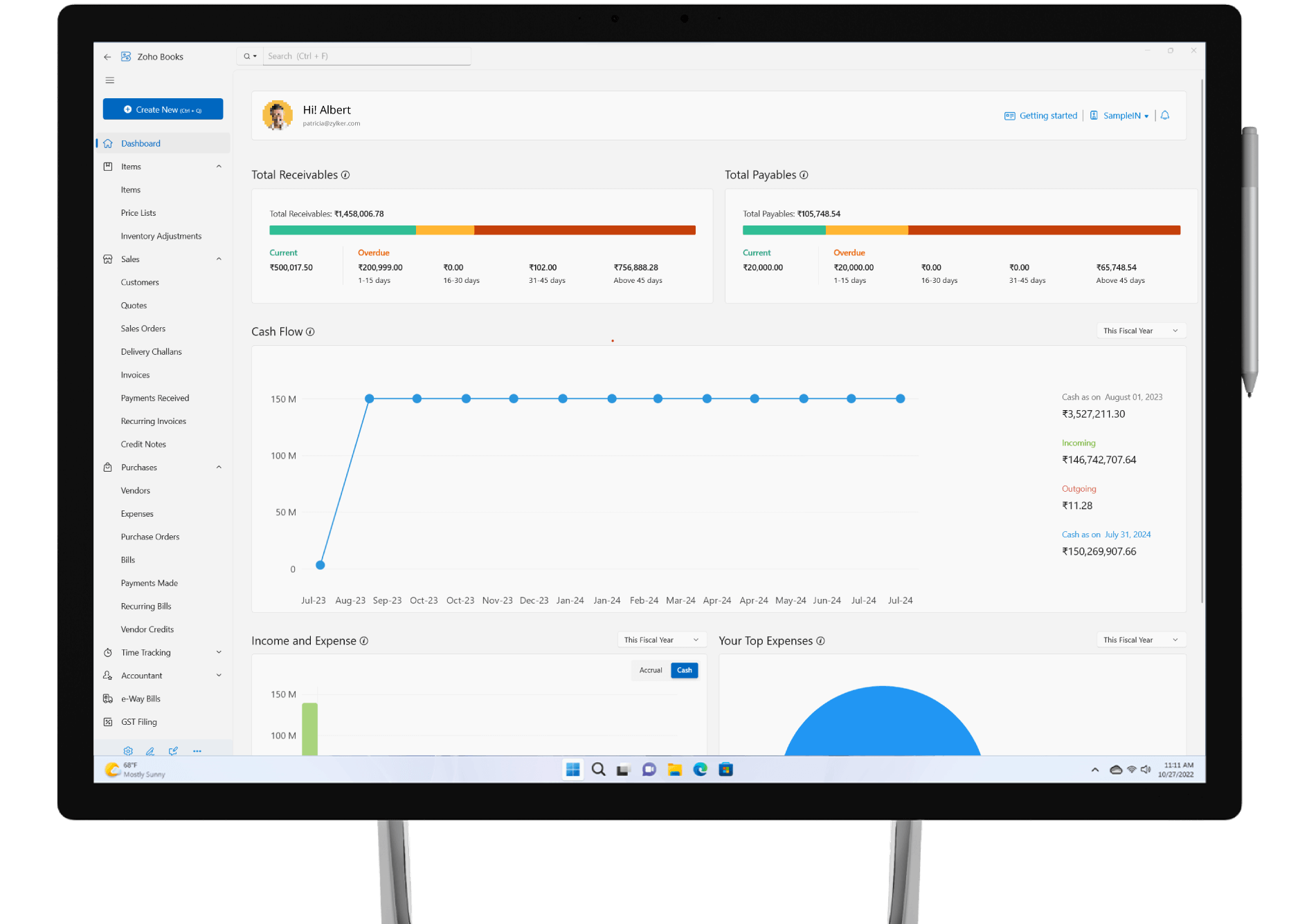 Zoho Books desktop app shows the dashboard screen