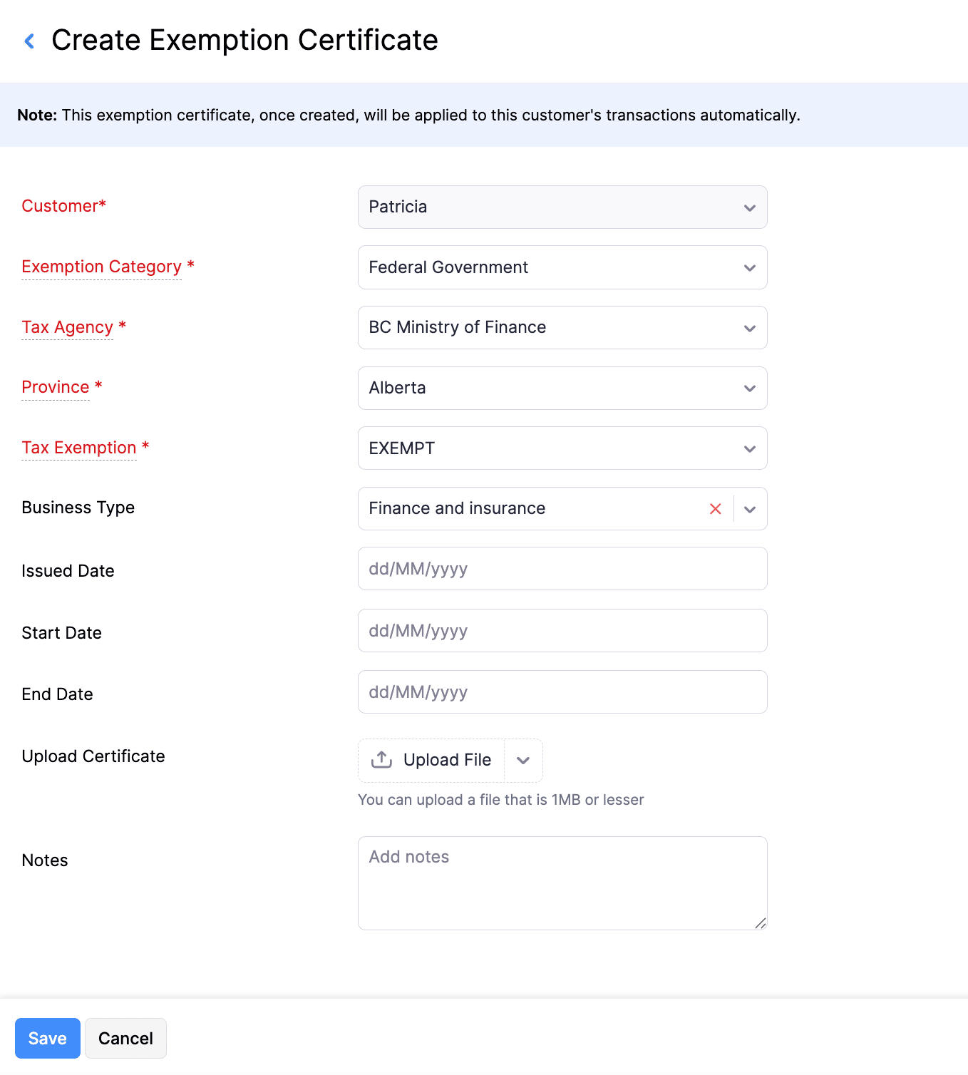 Create Exemption Certificate