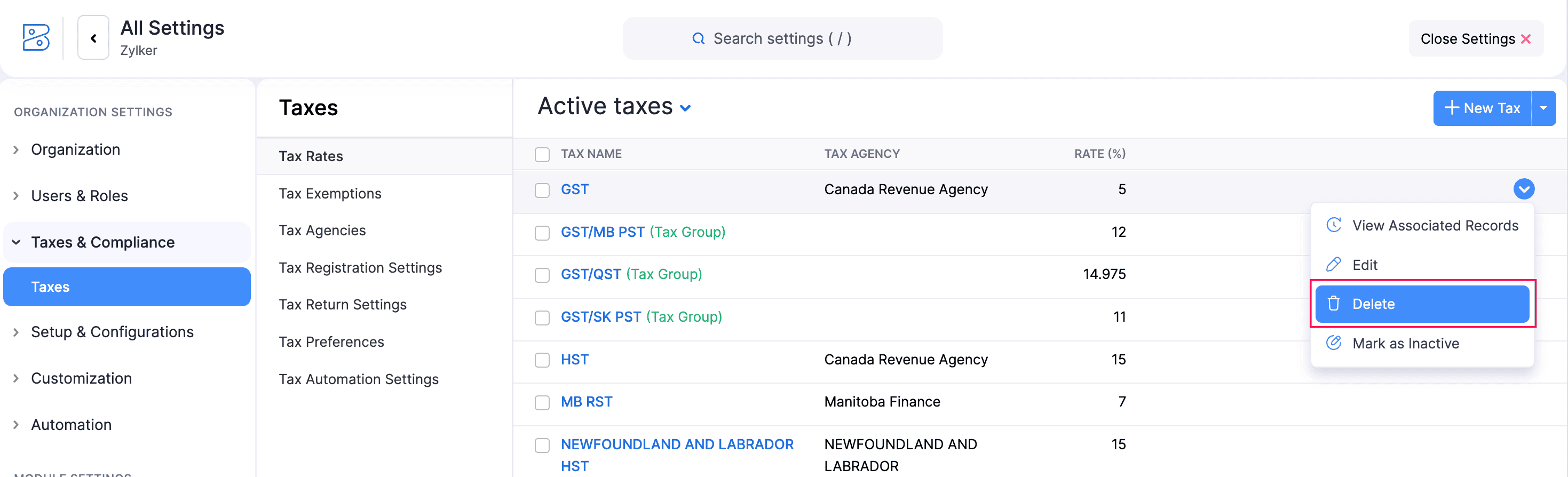 Delete a Tax Rate