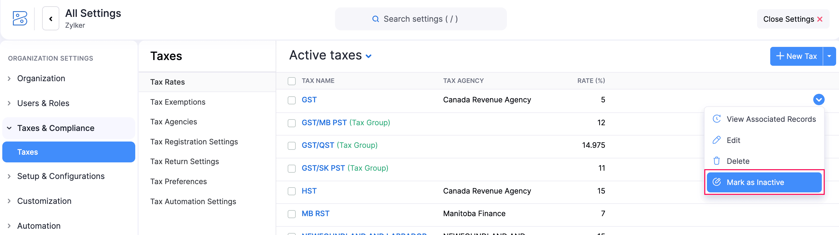 Mark a Tax Rate as Inactive