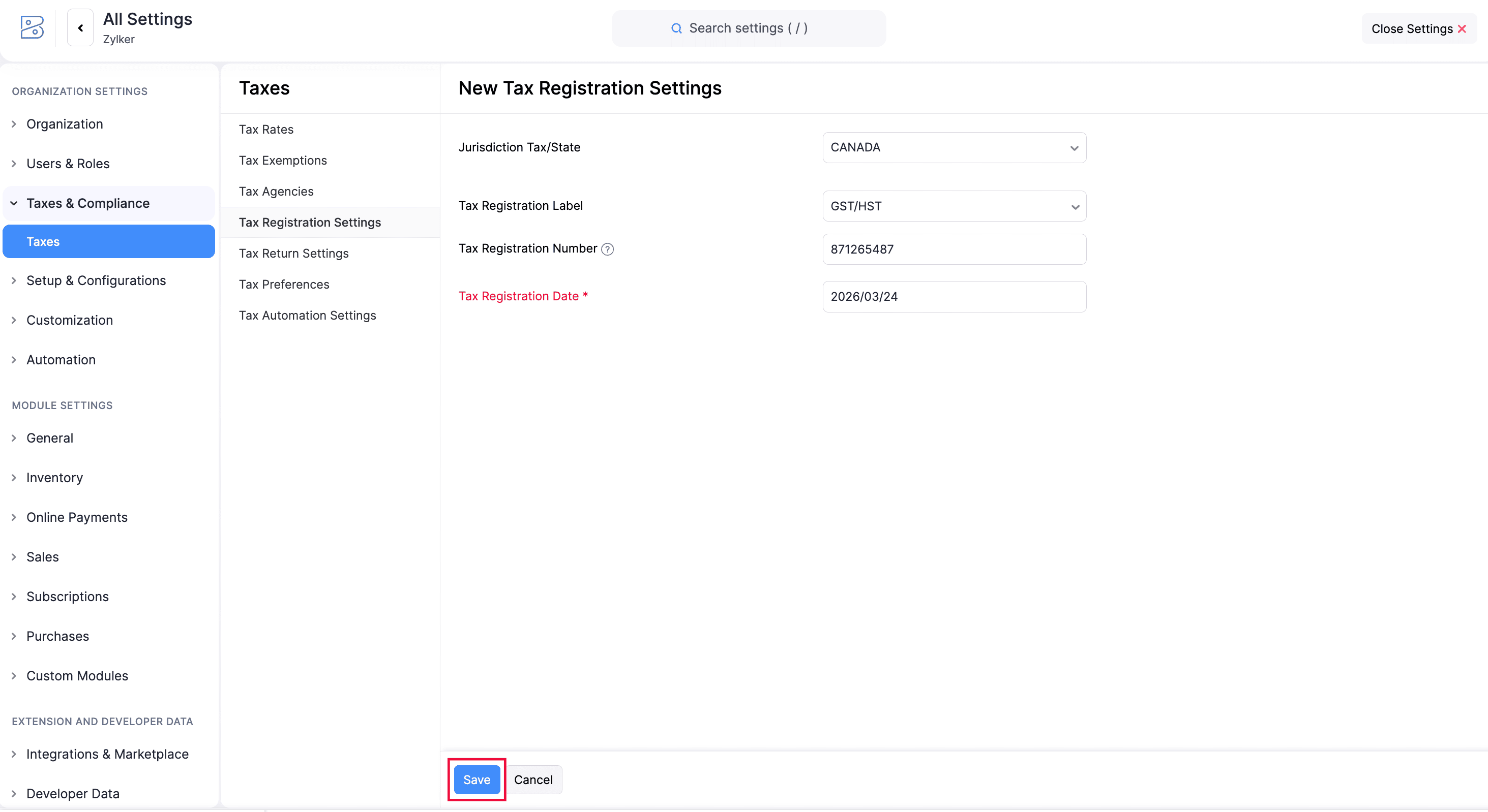 Set Up Tax Registration
