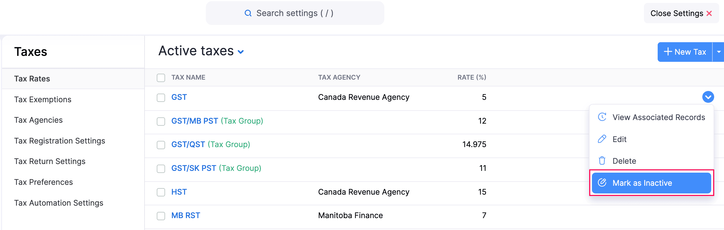 Mark a Tax Rate as Inactive