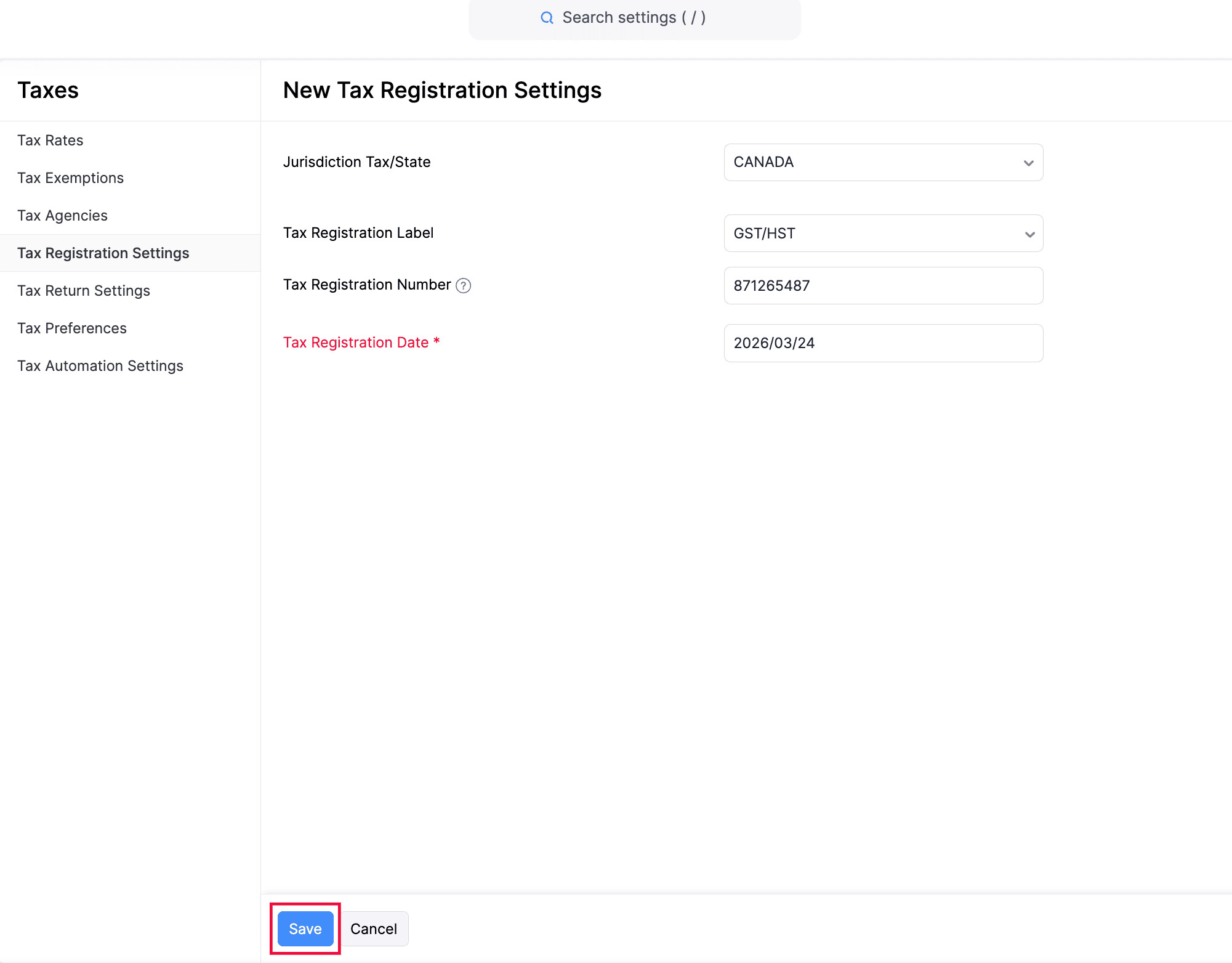 Set Up Tax Registration