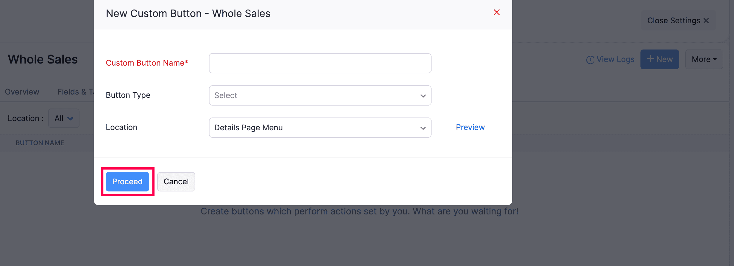 The New Button pop-up for a custom module. Select the button type, and the required fields will be updated according to the button type.