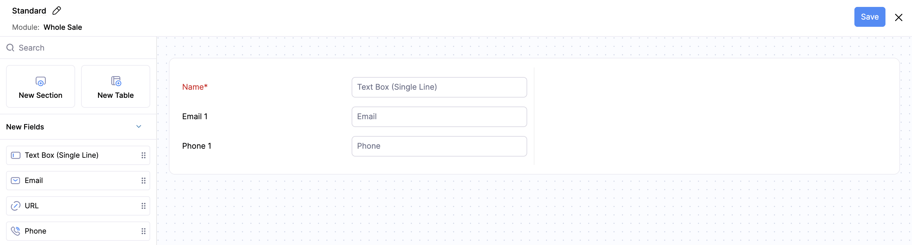 The form builder page. Drag and drop the required data type from the New Fields section on the left side of the page into the preferred section in the form.
