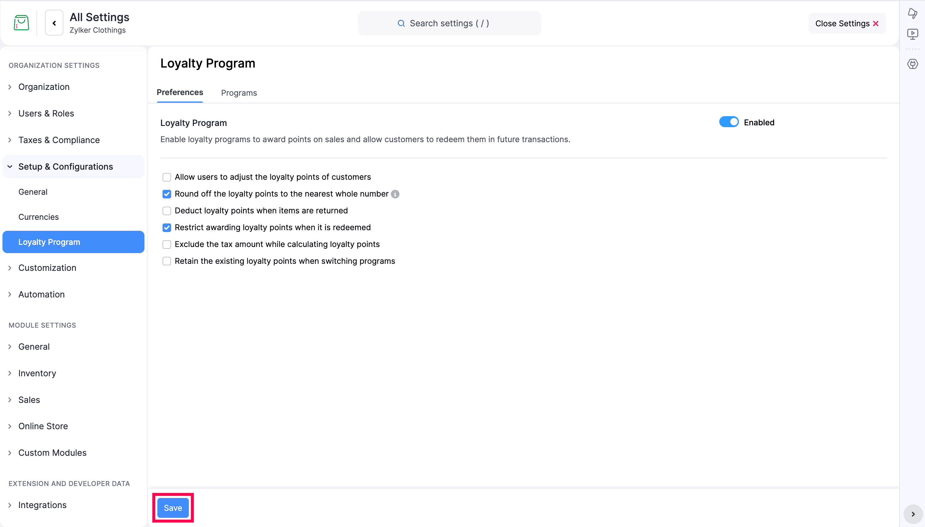 Save Loyalty Program Preferences