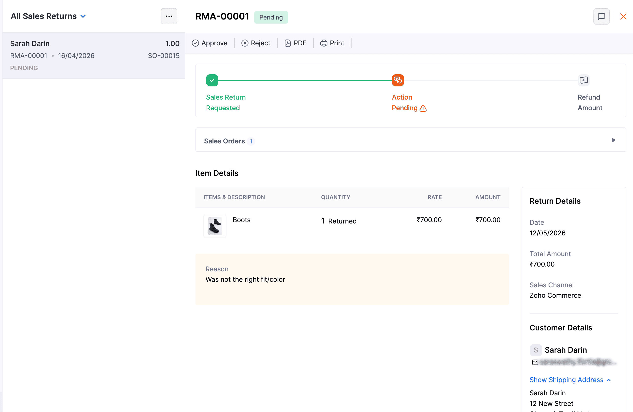 Pending sales return details page with Approve and Reject actions