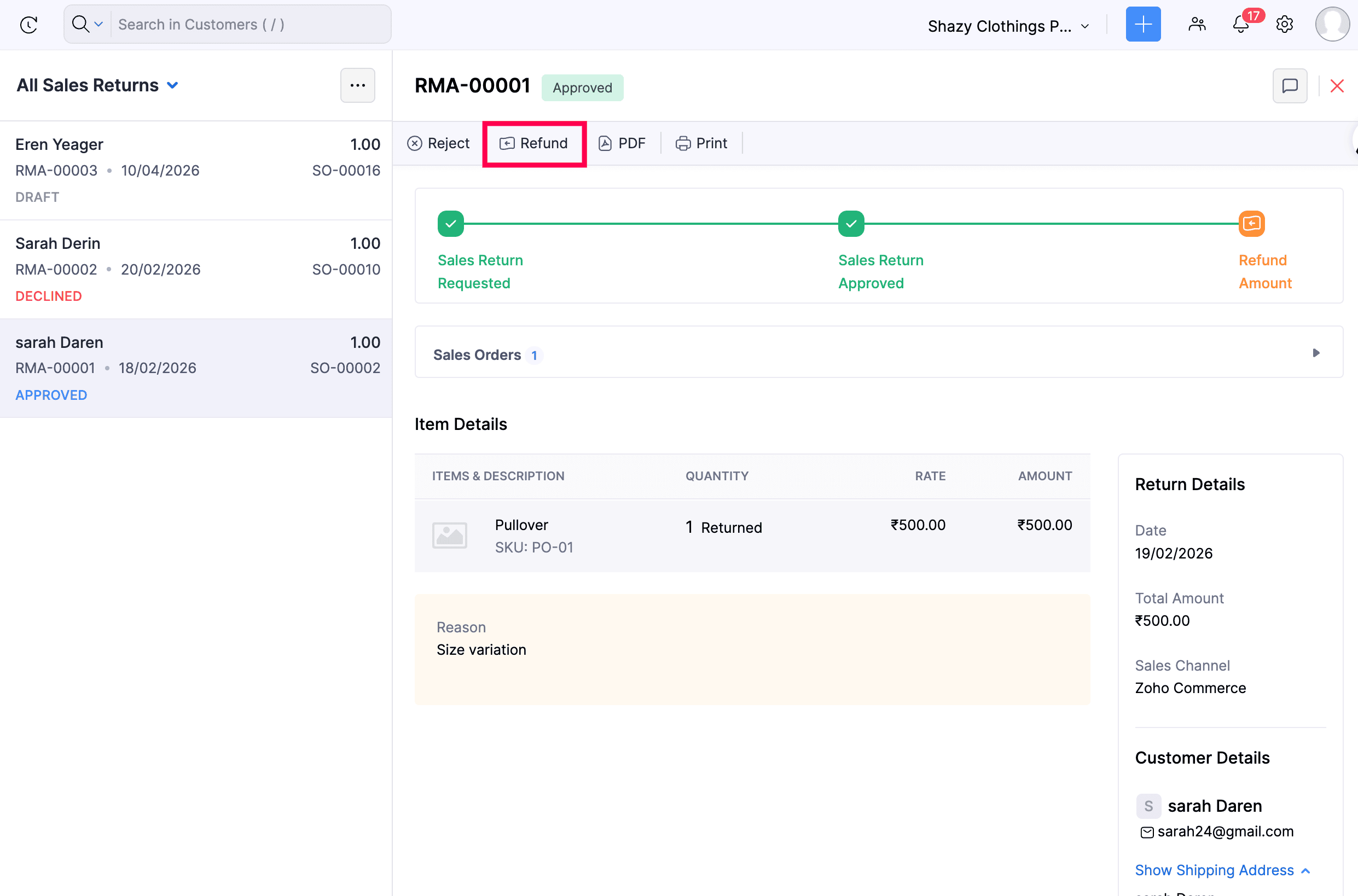 Approved sales return details page with the Refund action