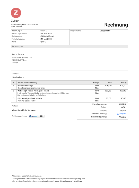 Detailed spreadsheet invoice template