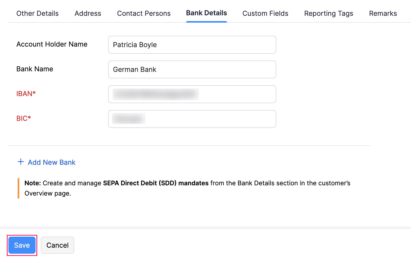 Add Customer Bank Details