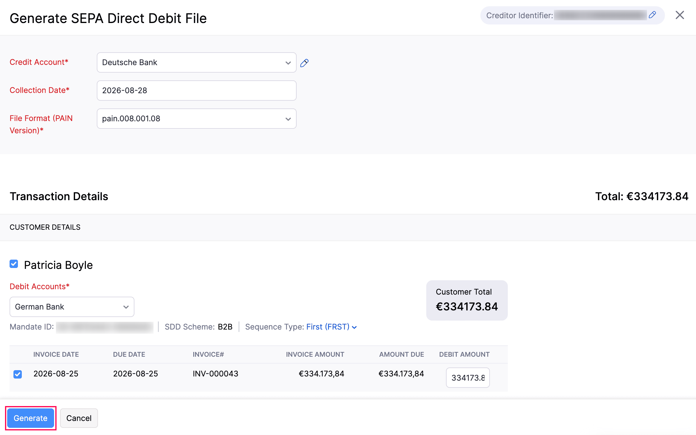 Generate SEPA Direct Debit File Details