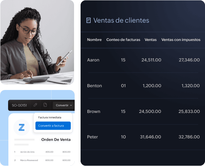 Panel de órdenes de venta de Zoho Books que muestra detalles del pedido y estado de entrega
