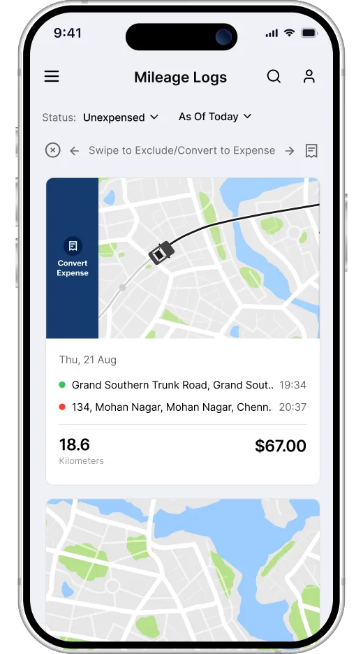 Automatic mileage in Zoho Expense on iOS app