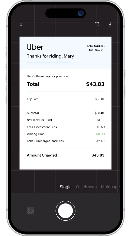 Receipt scanning in Zoho Expense iOS app