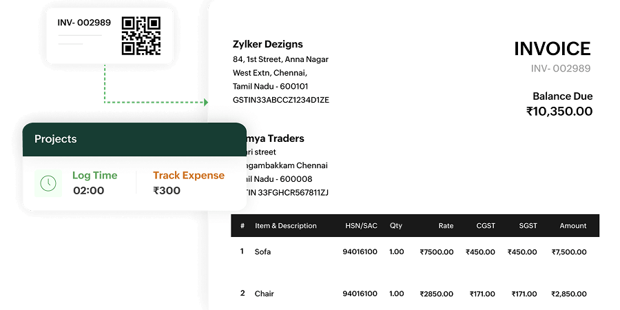 Zoho Billing interface displaying a detailed invoice with QR code for payment, itemized listing of sofa and chair with tax breakdown, and a project summary showing 2 hours of logged time and tracked expense.