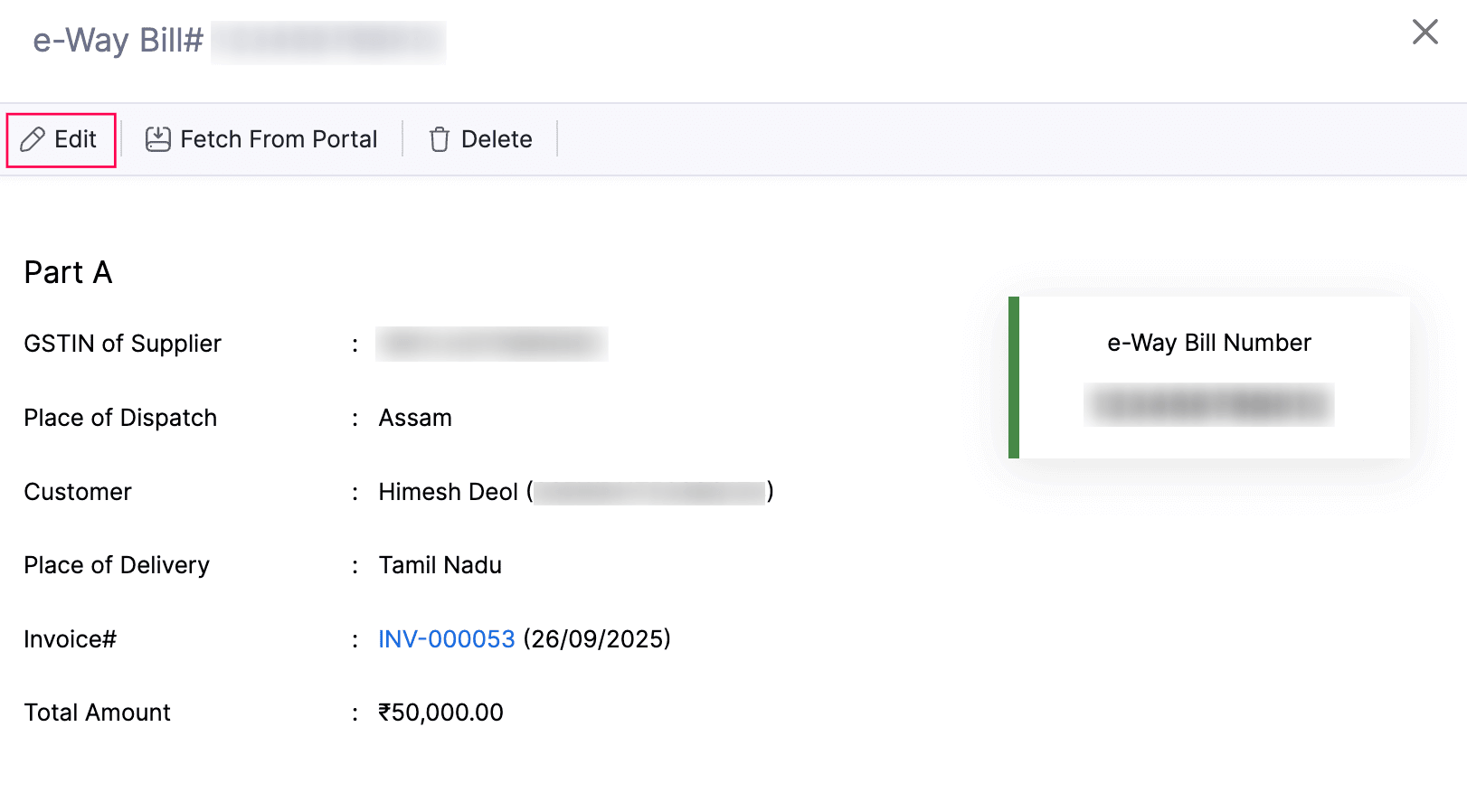 Edit e-Way Bill Number