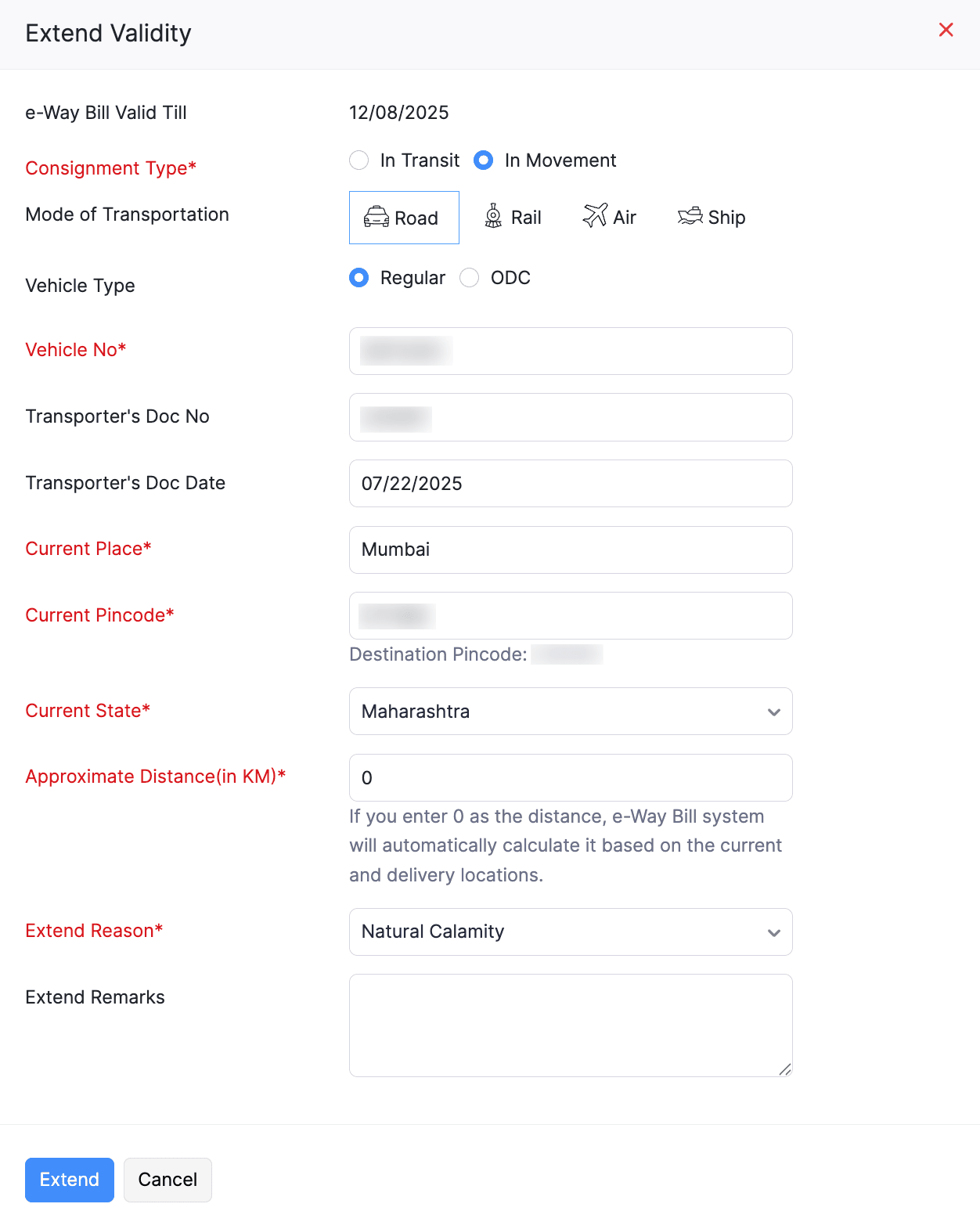Extend e-Way Bill Validity Details