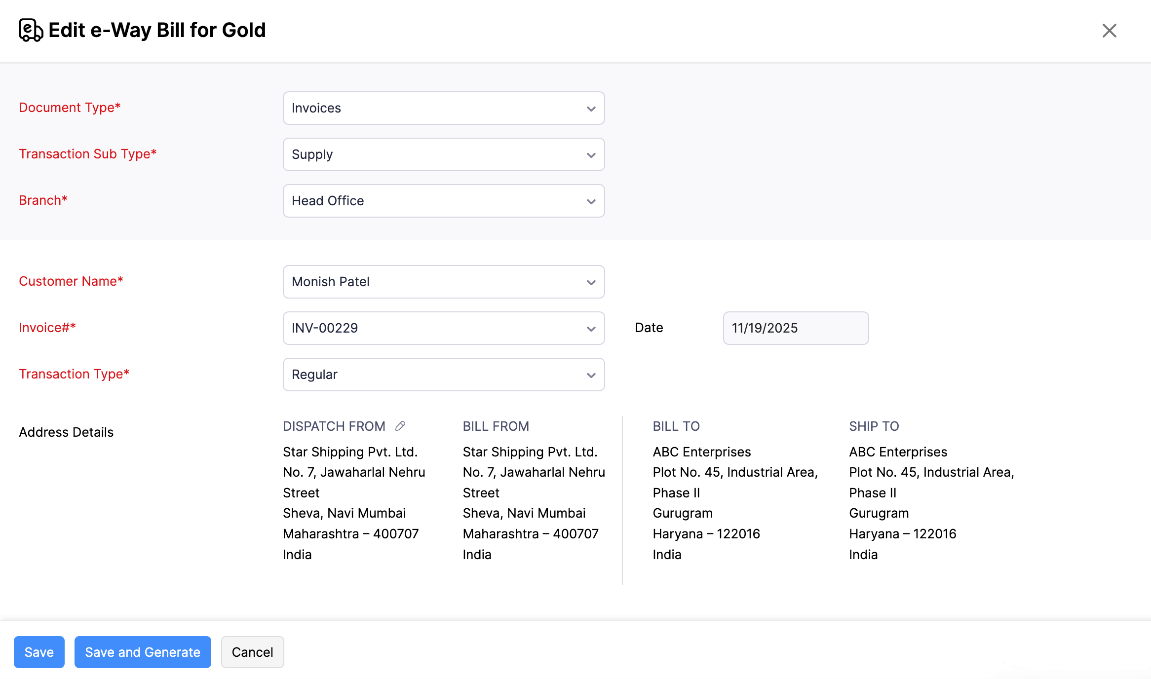 Generate e-Way Bill for Gold