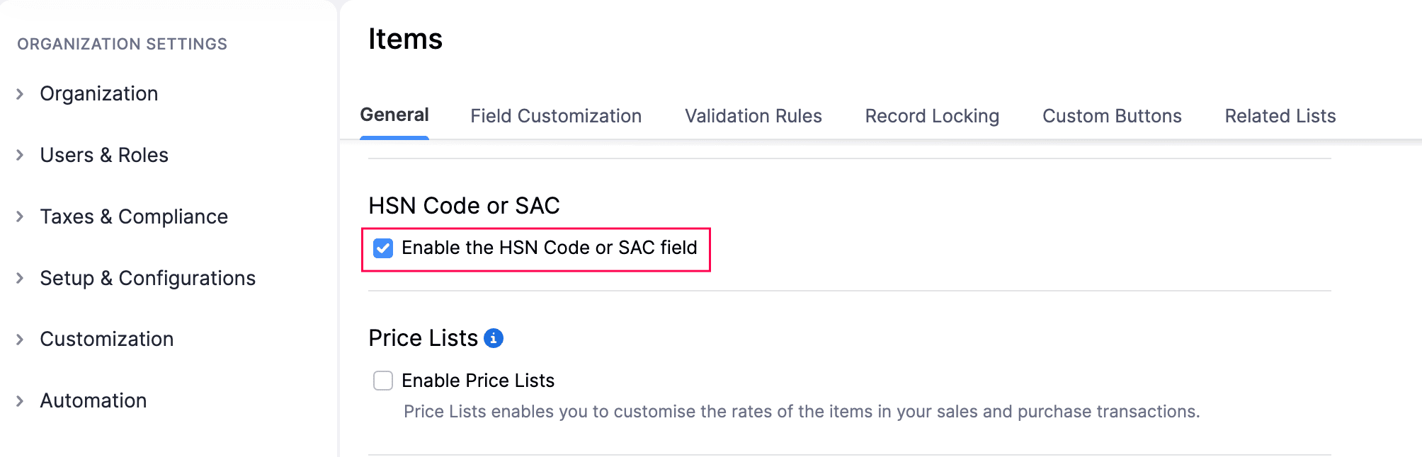 Enable HSN/SAC