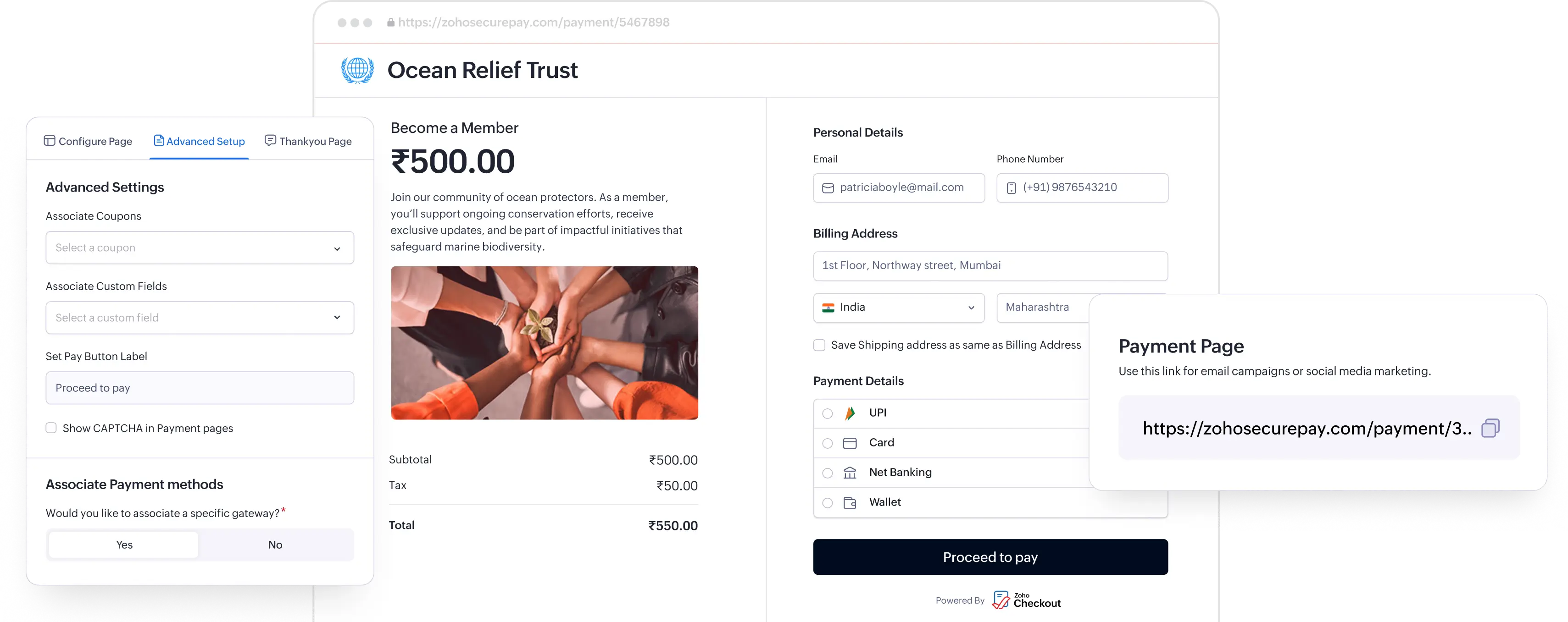 Checkout page creation flow showing payment link editor, card payment form, and payment request