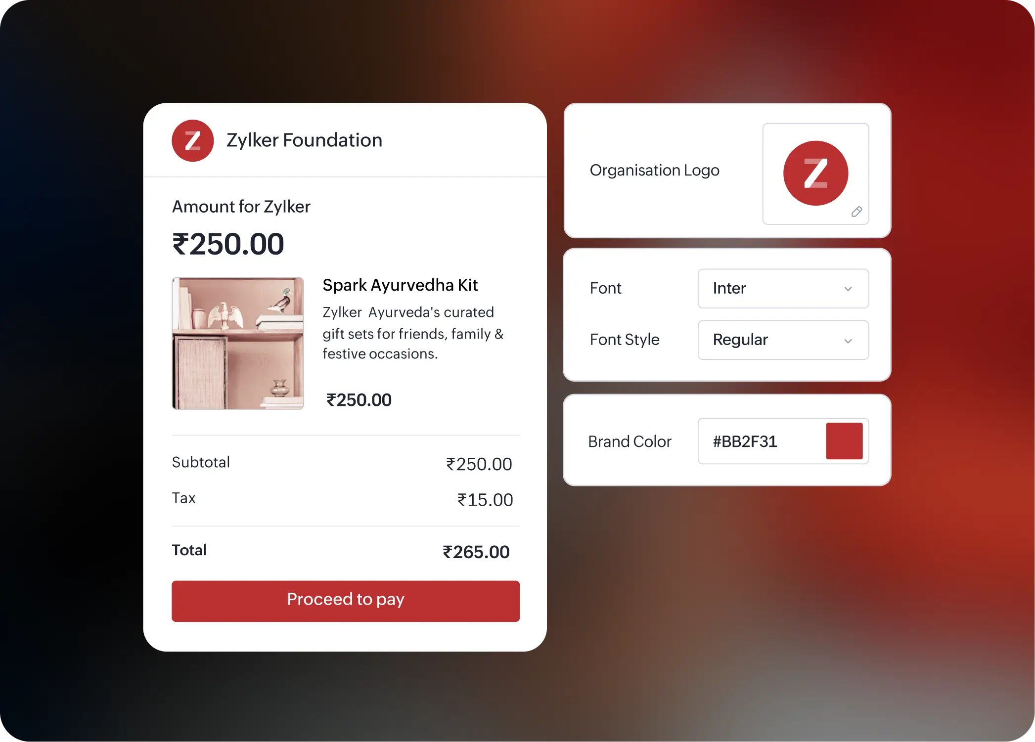 Zyker Foundation branded checkout page with customization options for fonts and colors