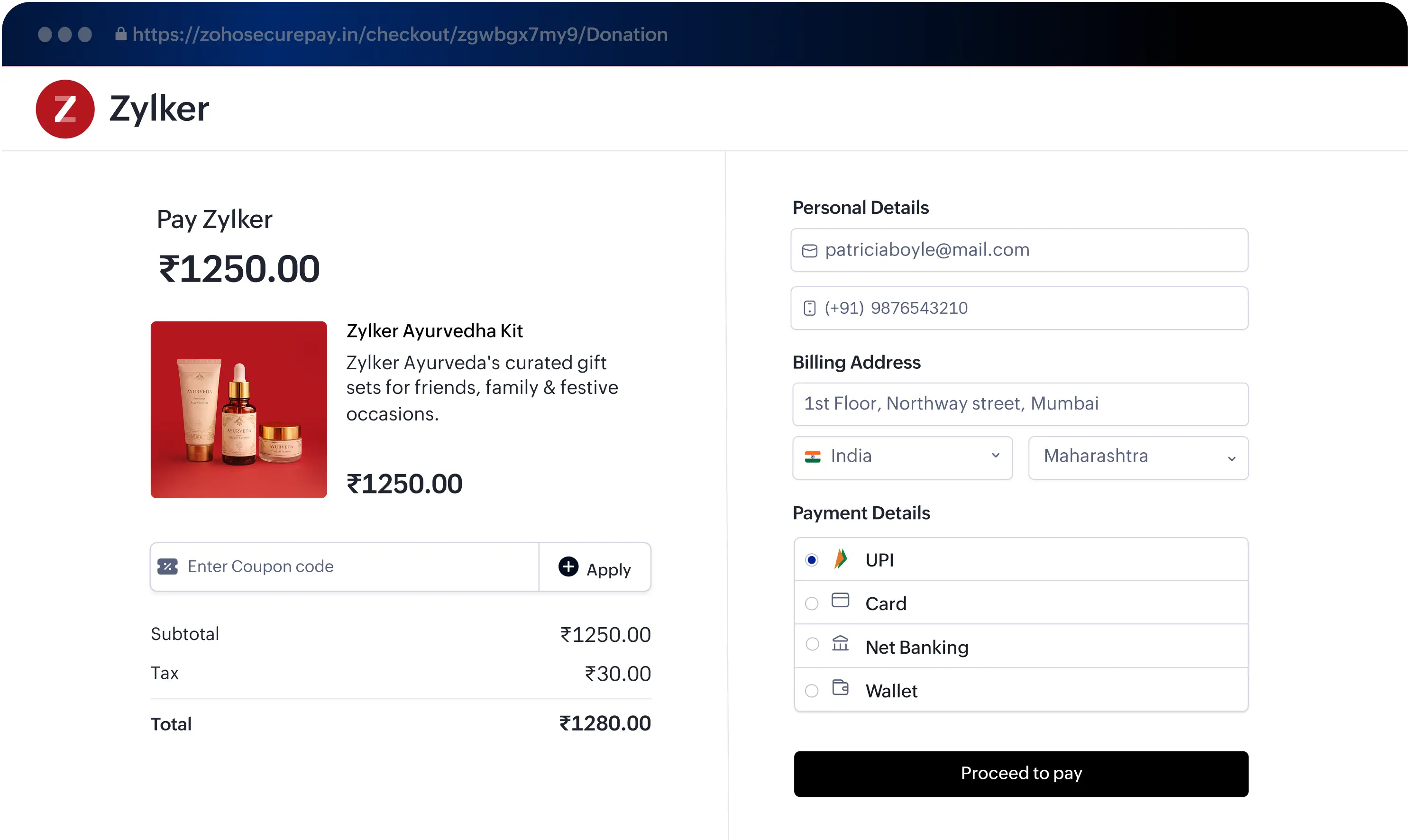 Checkout dashboard with payment details and reports