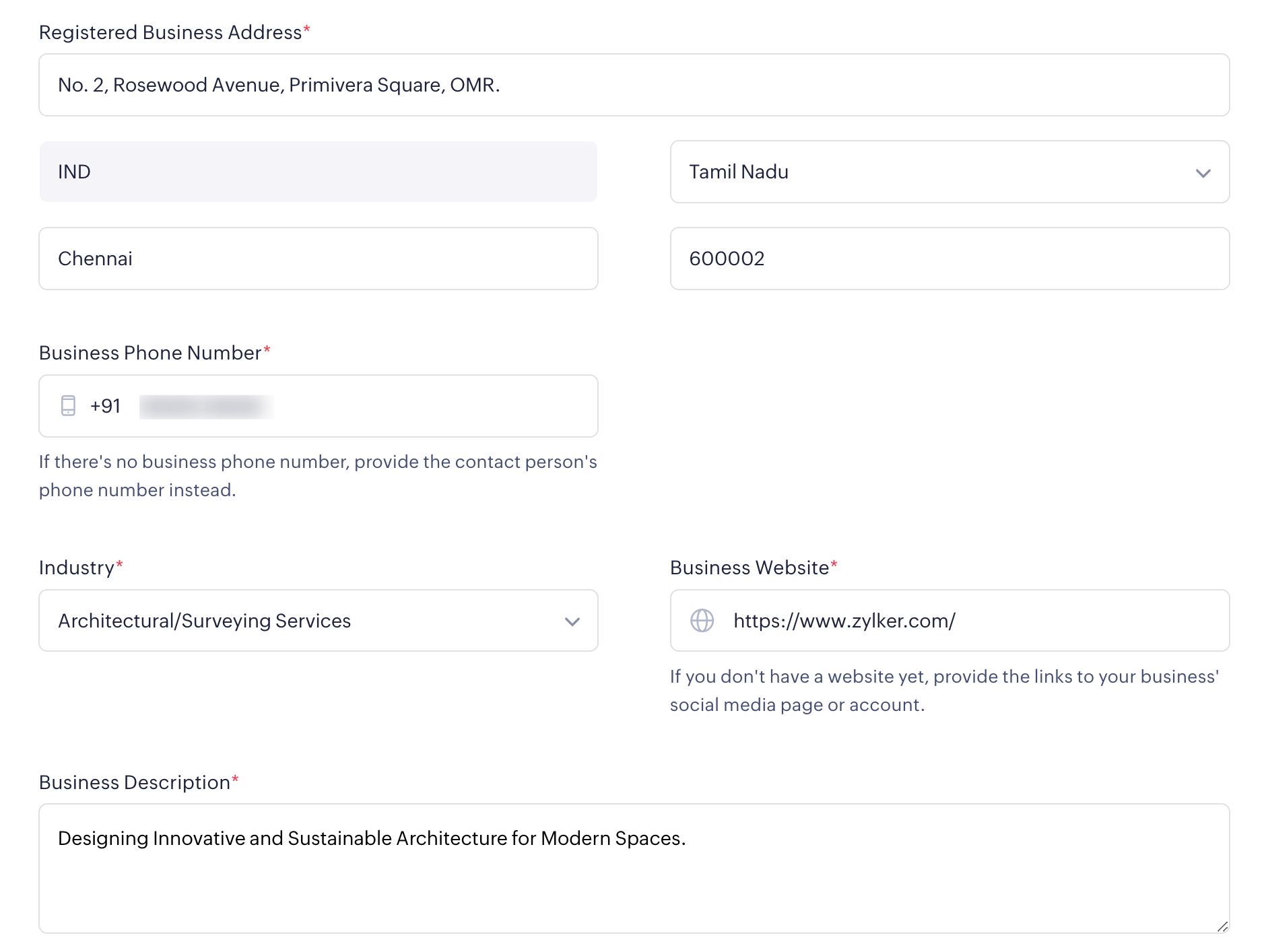 Business Address, Website and Description